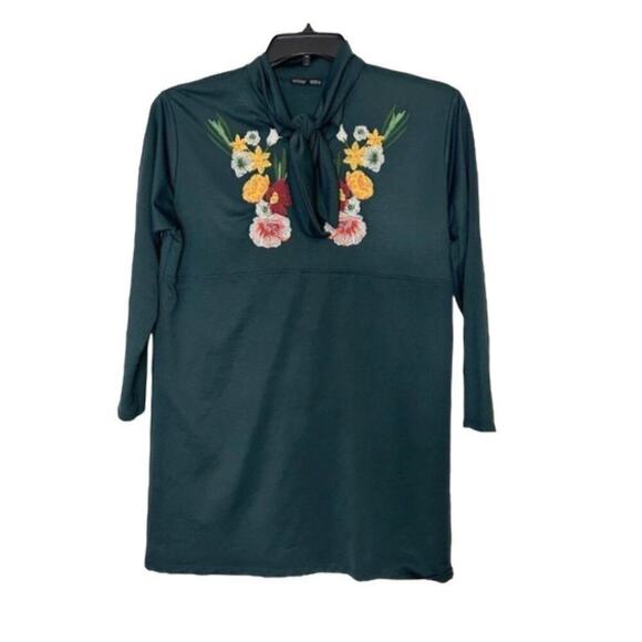 Zara Tunic Long Sleeve Empire Waist Green Floral Embroidered Ribbon Collar Size - Picture 1 of 10